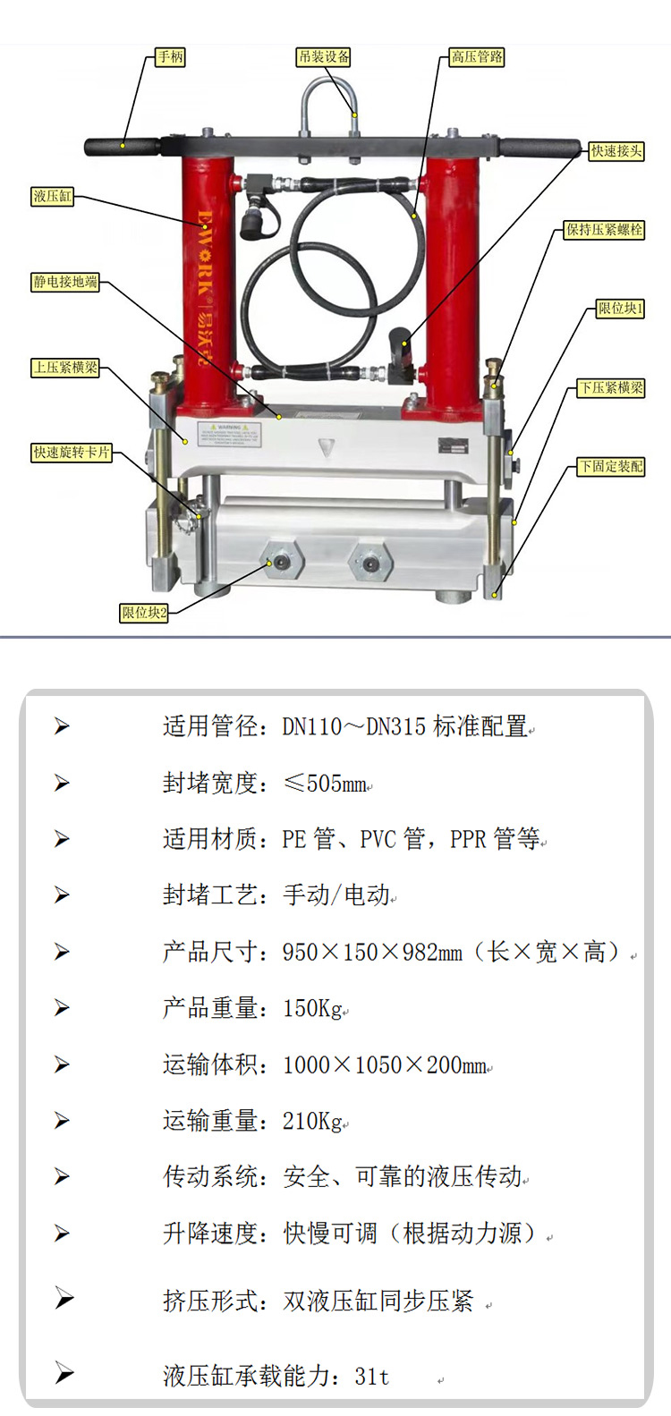 12寸液壓式PE管封堵器產(chǎn)品參數(shù)